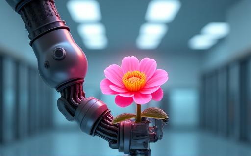 Roboterarm, der eine Blume präzise platziert