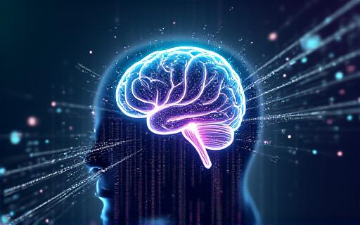 Hirnsymbol mit Datenströmen für KI-Analyse